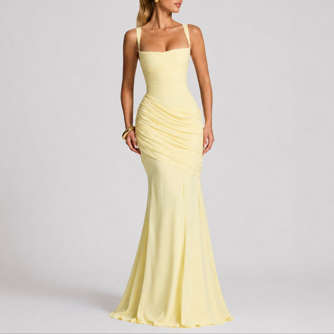 Damen Elegantes Gerafftes Maxi Hochzeitskleid Abendkleid Quadratausschnitt - Gelb