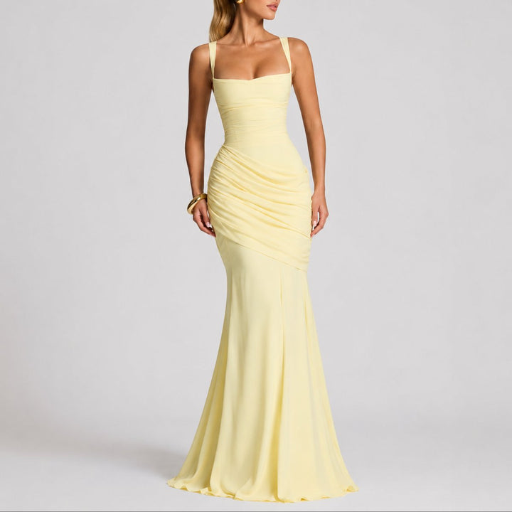Damen Elegantes Gerafftes Maxi Hochzeitskleid Abendkleid Quadratausschnitt - Gelb