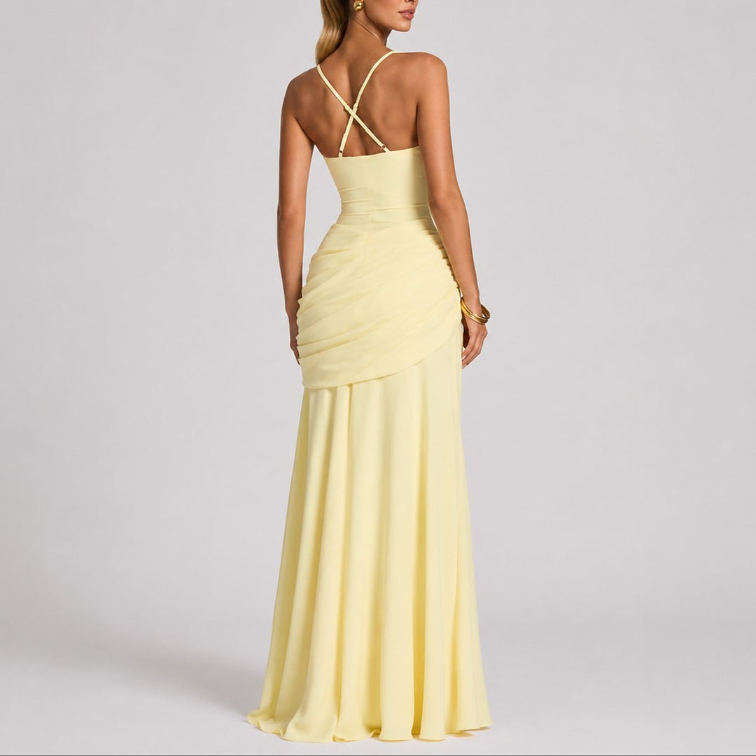 Damen Elegantes Gerafftes Maxi Hochzeitskleid Abendkleid Quadratausschnitt