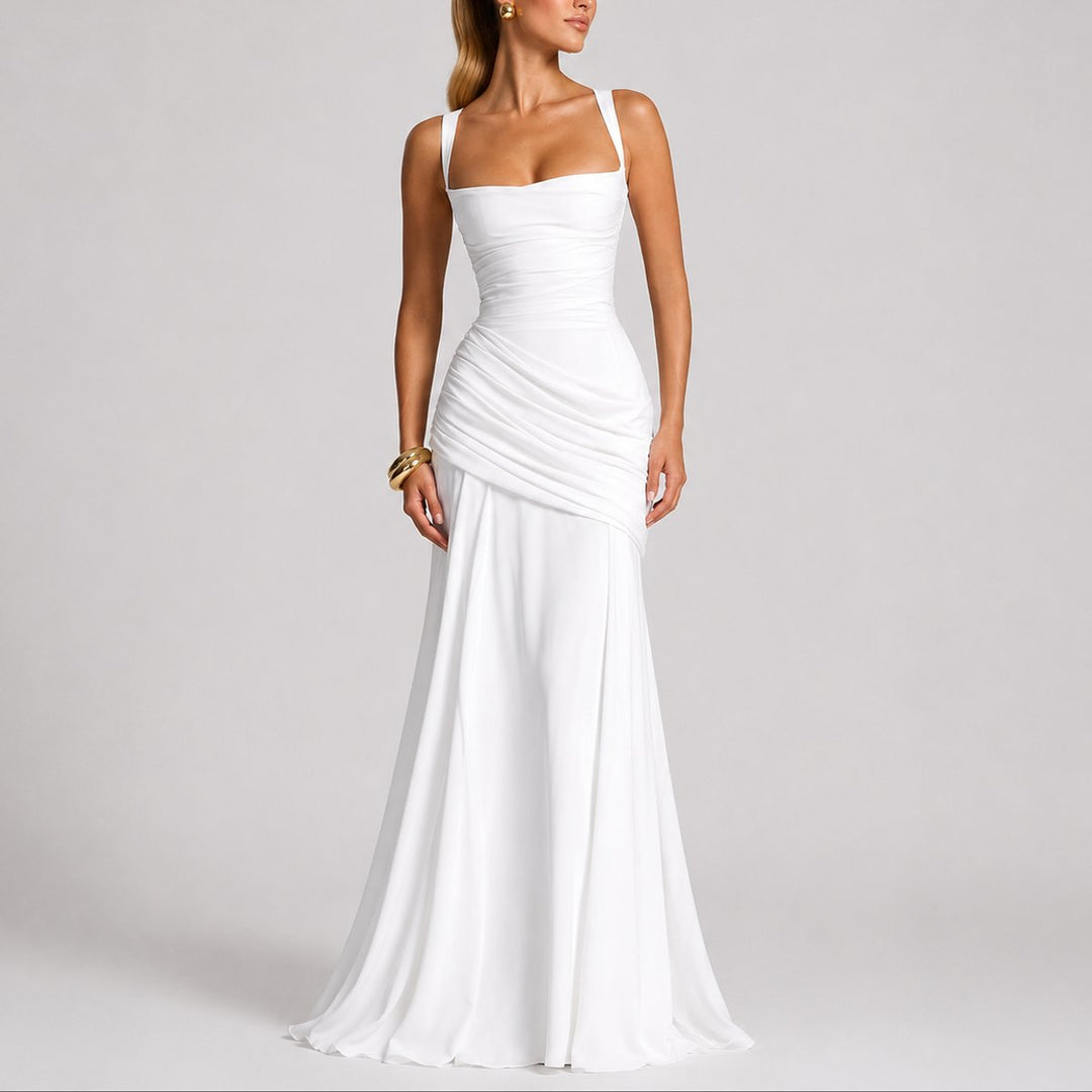 Damen Elegantes Gerafftes Maxi Hochzeitskleid Abendkleid Quadratausschnitt - Weiß