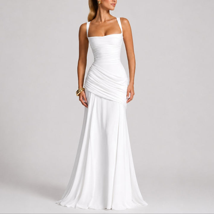 Damen Elegantes Gerafftes Maxi Hochzeitskleid Abendkleid Quadratausschnitt - Weiß