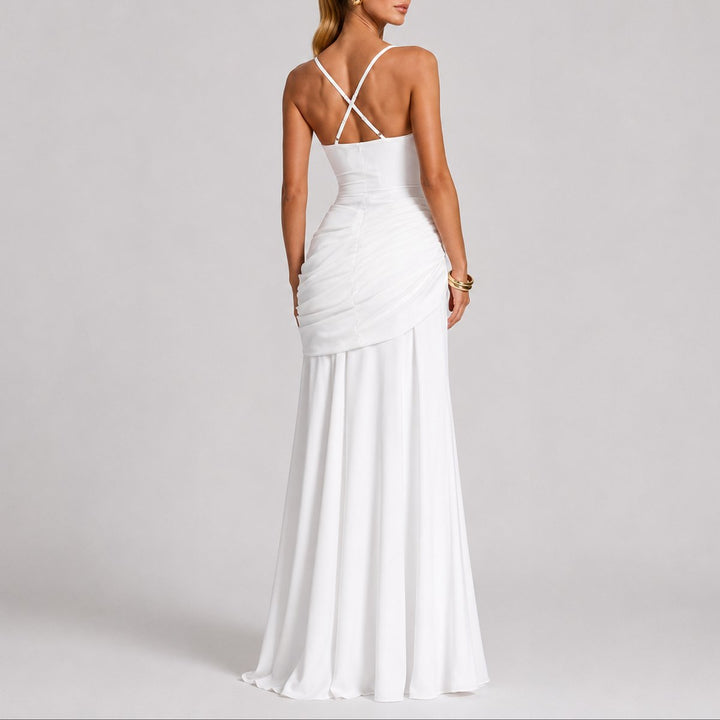 Damen Elegantes Gerafftes Maxi Hochzeitskleid Abendkleid Quadratausschnitt