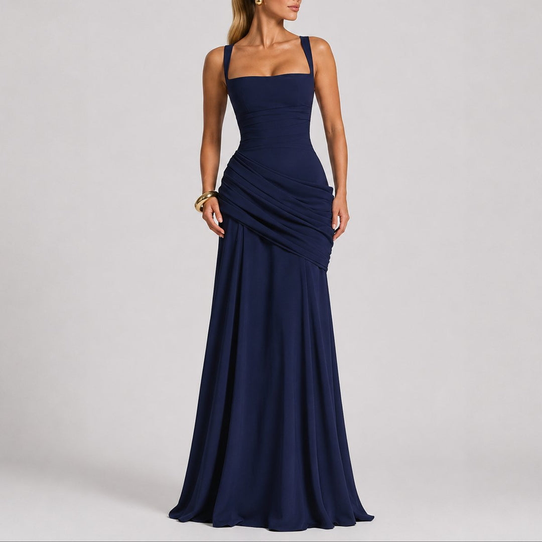 Damen Elegantes Gerafftes Maxi Hochzeitskleid Abendkleid Quadratausschnitt - Marineblau