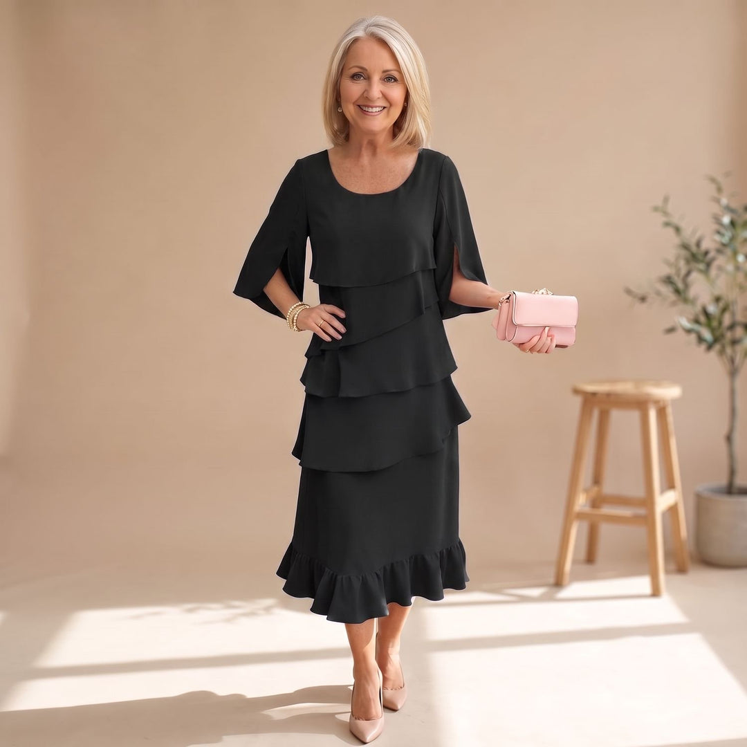 Damen Elegantes Lagenlook Cocktailkleid mit Rüschen Midi - Schwarz