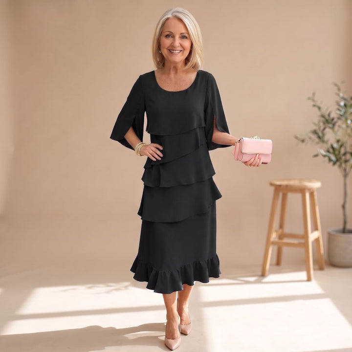 Damen Elegantes Lagenlook Cocktailkleid mit Rüschen Midi - Schwarz