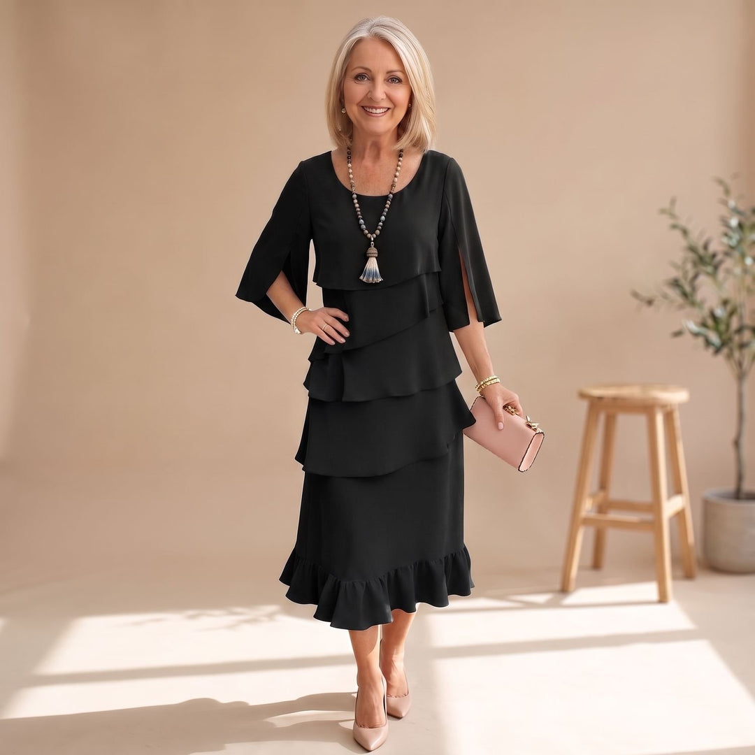 Damen Elegantes Lagenlook Cocktailkleid mit Rüschen Midi