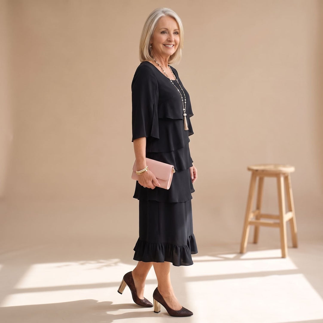 Damen Elegantes Lagenlook Cocktailkleid mit Rüschen Midi