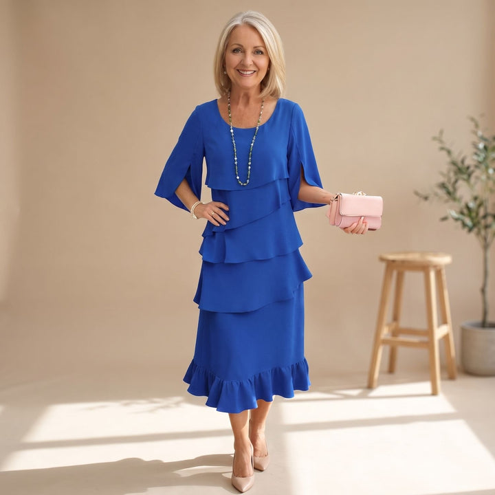 Damen Elegantes Lagenlook Cocktailkleid mit Rüschen Midi - Blau
