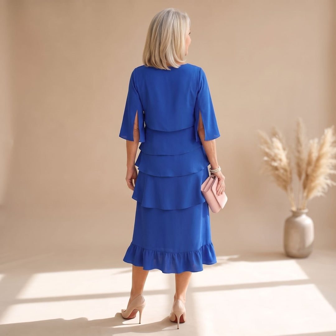 Damen Elegantes Lagenlook Cocktailkleid mit Rüschen Midi