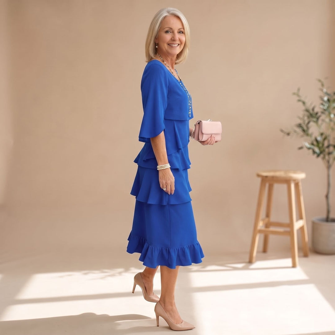 Damen Elegantes Lagenlook Cocktailkleid mit Rüschen Midi