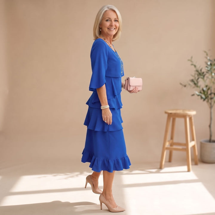 Damen Elegantes Lagenlook Cocktailkleid mit Rüschen Midi