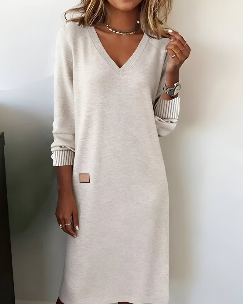 Damen Elegantes Langarm Midi-Kleid V-Ausschnitt Festliche Kleider - Weiß