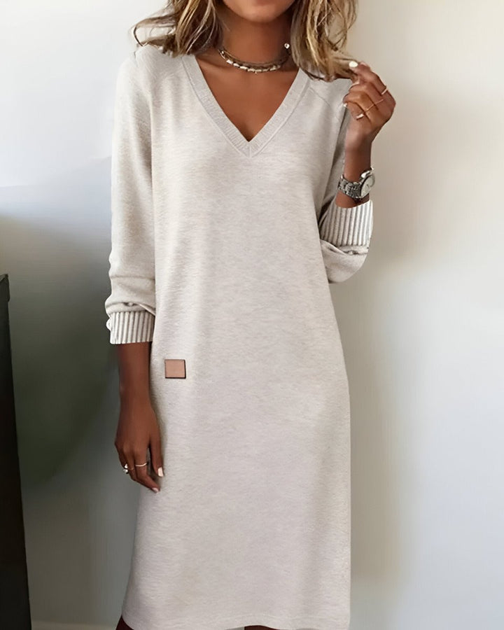 Damen Elegantes Langarm Midi-Kleid V-Ausschnitt Festliche Kleider - Weiß