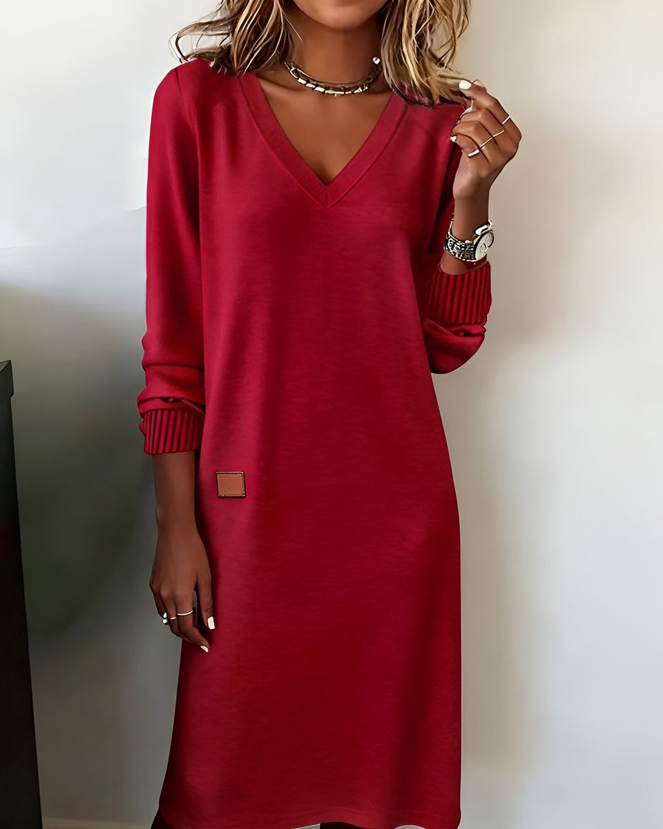Damen Elegantes Langarm Midi-Kleid V-Ausschnitt Festliche Kleider - Rot