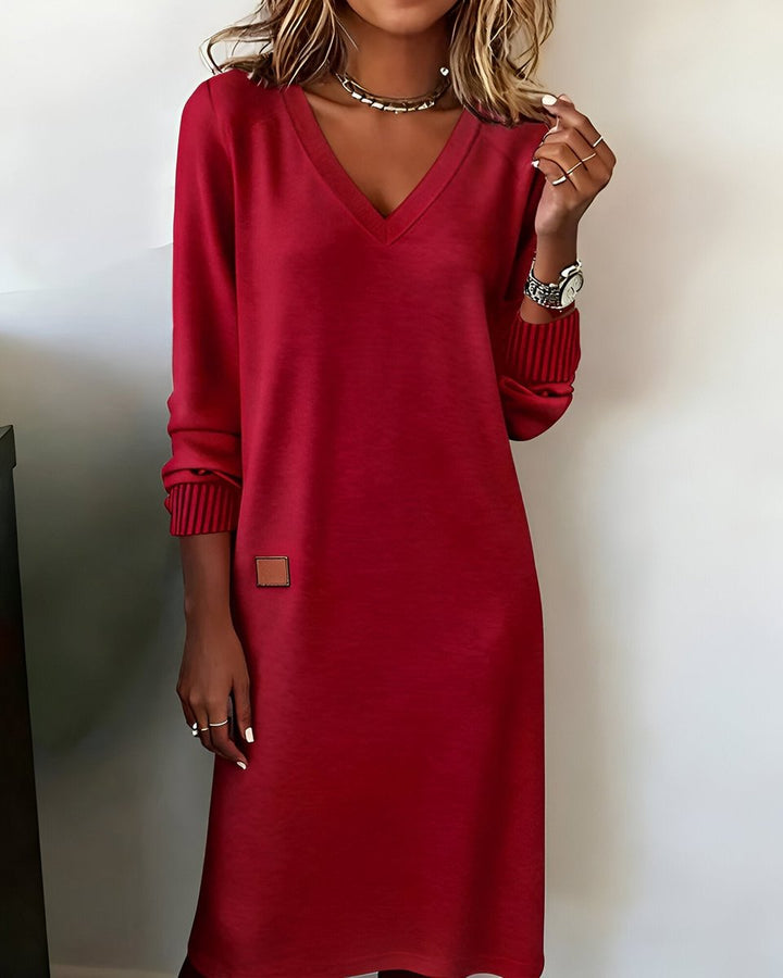 Damen Elegantes Langarm Midi-Kleid V-Ausschnitt Festliche Kleider - Rot