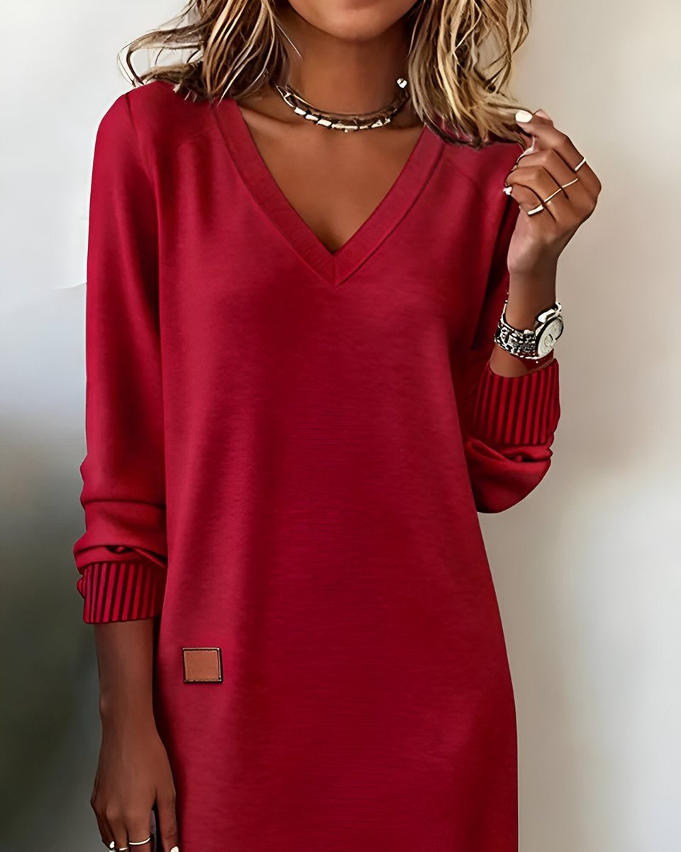 Damen Elegantes Langarm Midi-Kleid V-Ausschnitt Festliche Kleider