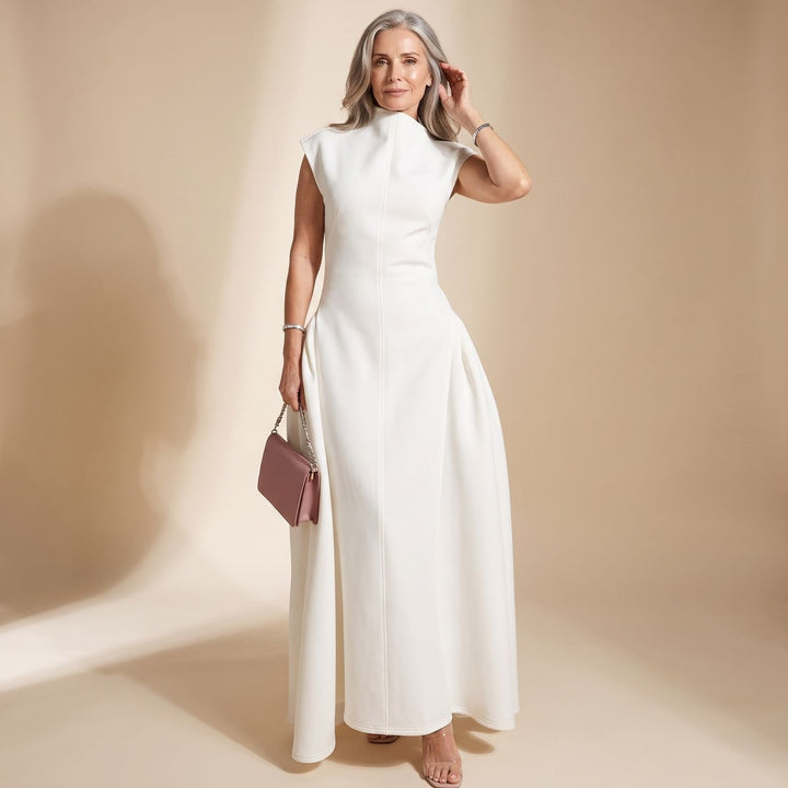 Damen Elegantes Maxi-Abendkleid mit Stehkragen A-Linie - Weiß