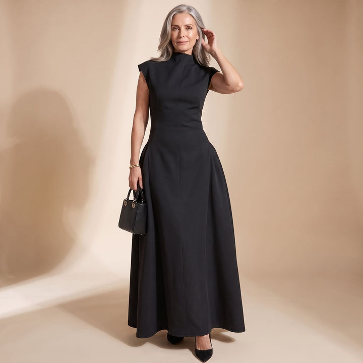 Damen Elegantes Maxi-Abendkleid mit Stehkragen A-Linie - Schwarz