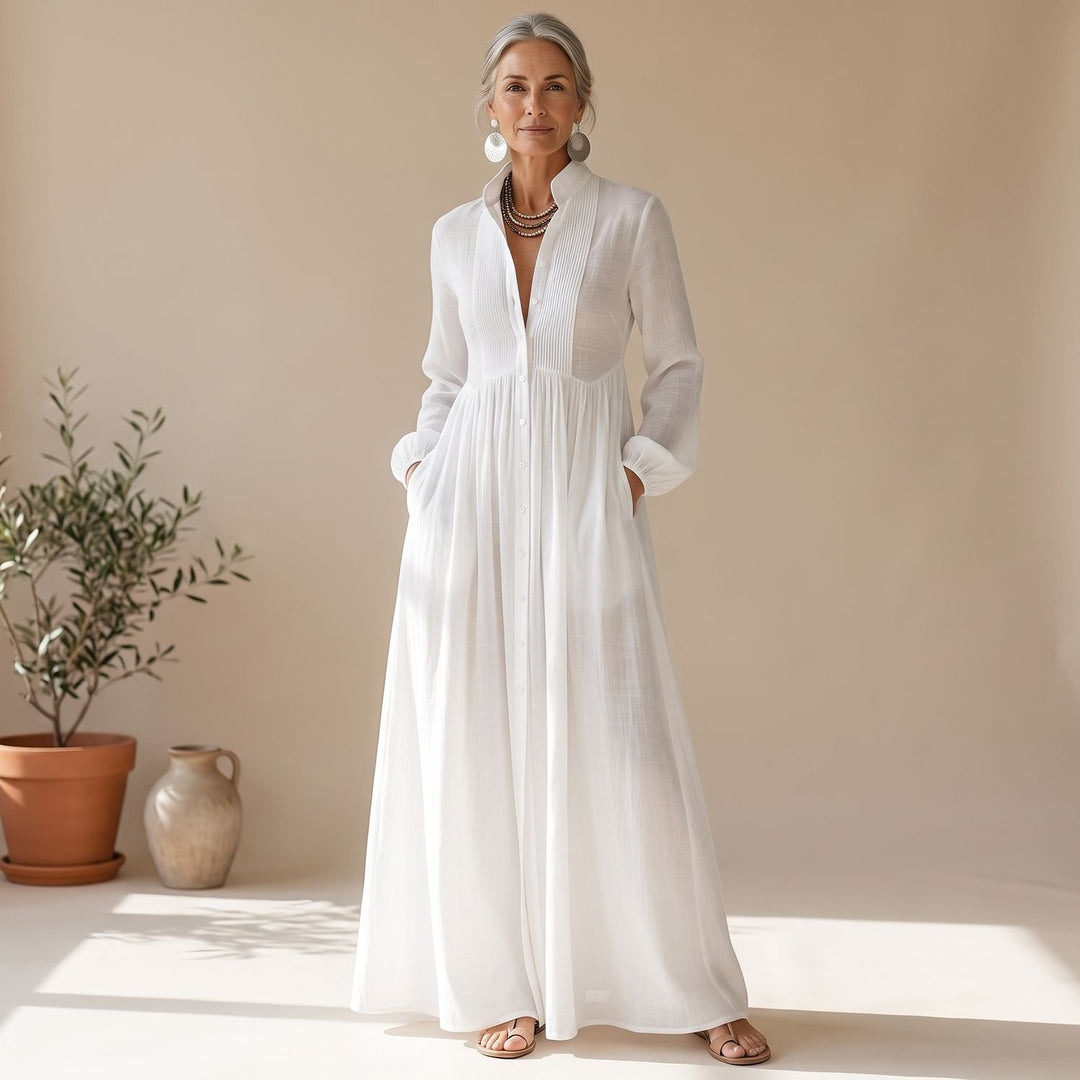 Damen Elegantes Maxi-Hemdblusenkleid mit Knopfleiste und Taschen - Weiß