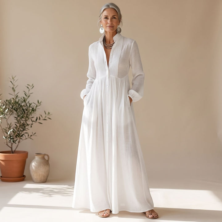 Damen Elegantes Maxi-Hemdblusenkleid mit Knopfleiste und Taschen - Weiß