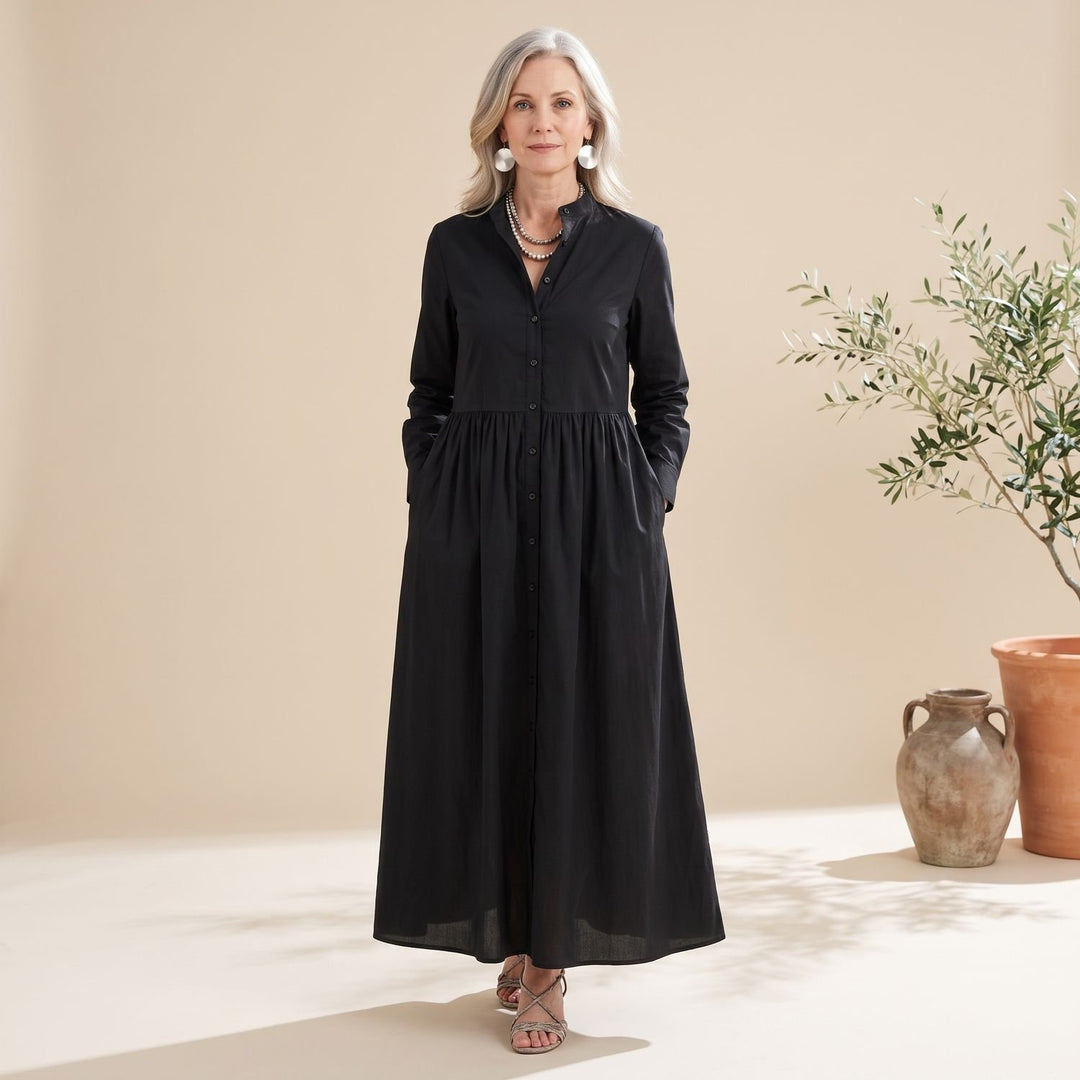 Damen Elegantes Maxi-Hemdblusenkleid mit Knopfleiste und Taschen - Schwarz