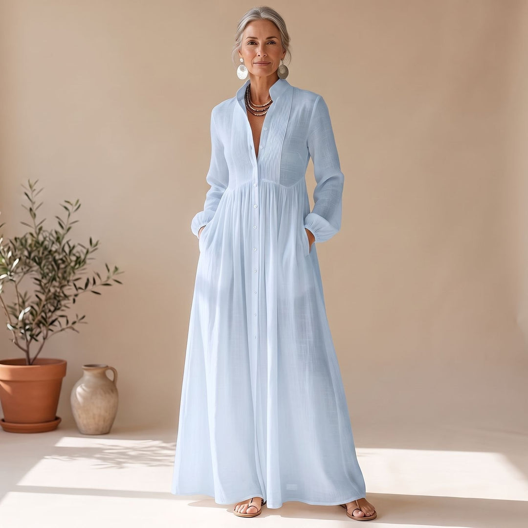 Damen Elegantes Maxi-Hemdblusenkleid mit Knopfleiste und Taschen - Blau