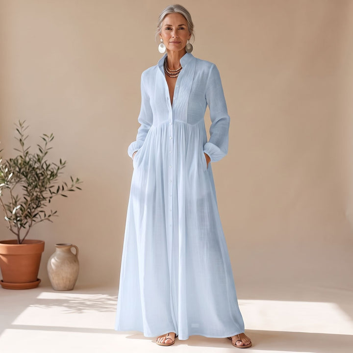 Damen Elegantes Maxi-Hemdblusenkleid mit Knopfleiste und Taschen - Blau