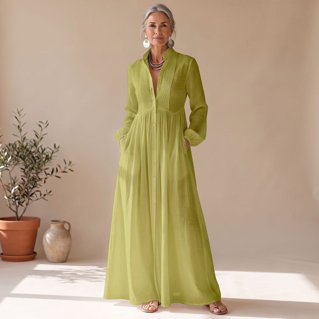 Damen Elegantes Maxi-Hemdblusenkleid mit Knopfleiste und Taschen - Grün