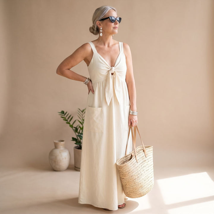 Damen Elegantes Maxi-Sommerkleid mit Knotendetail und Seitentaschen - Beige