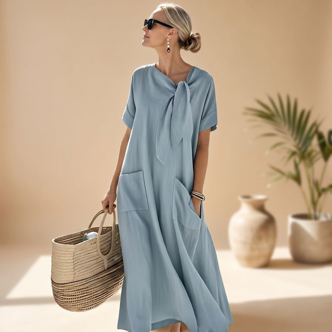 Damen Elegantes Maxi-Sommerkleid mit Knotendetail und Seitentaschen - Blau