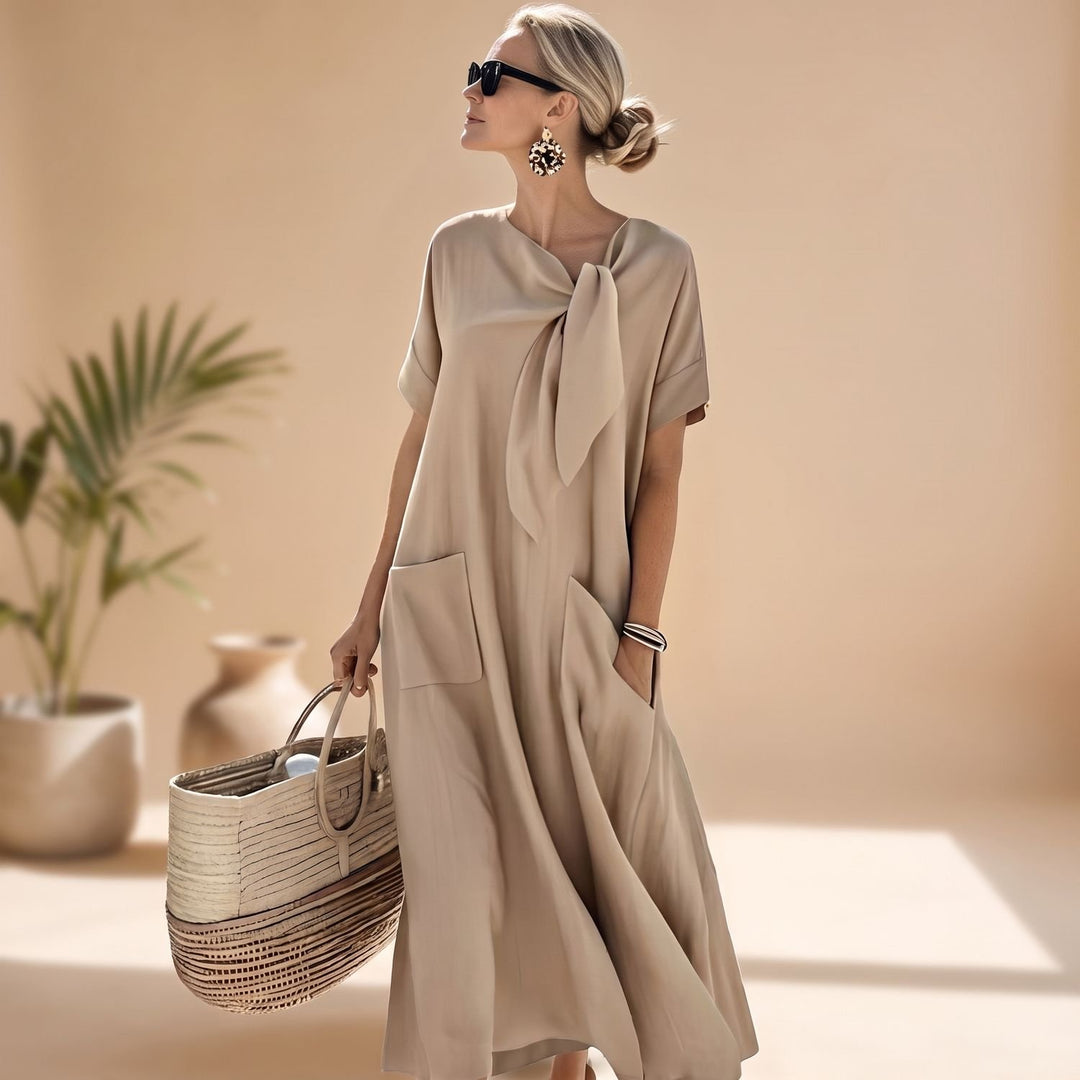 Damen Elegantes Maxi-Sommerkleid mit Knotendetail und Seitentaschen - Khaki