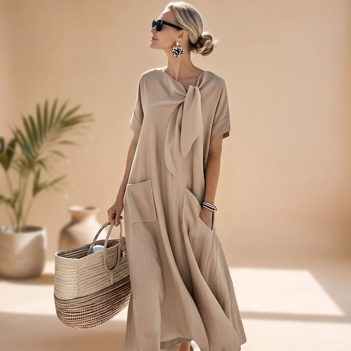 Damen Elegantes Maxi-Sommerkleid mit Knotendetail und Seitentaschen - Khaki