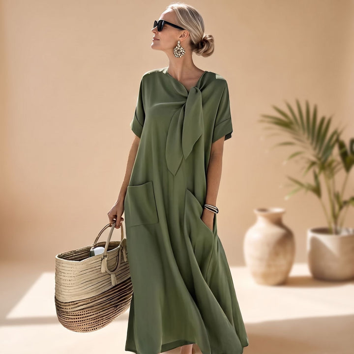 Damen Elegantes Maxi-Sommerkleid mit Knotendetail und Seitentaschen - Grün