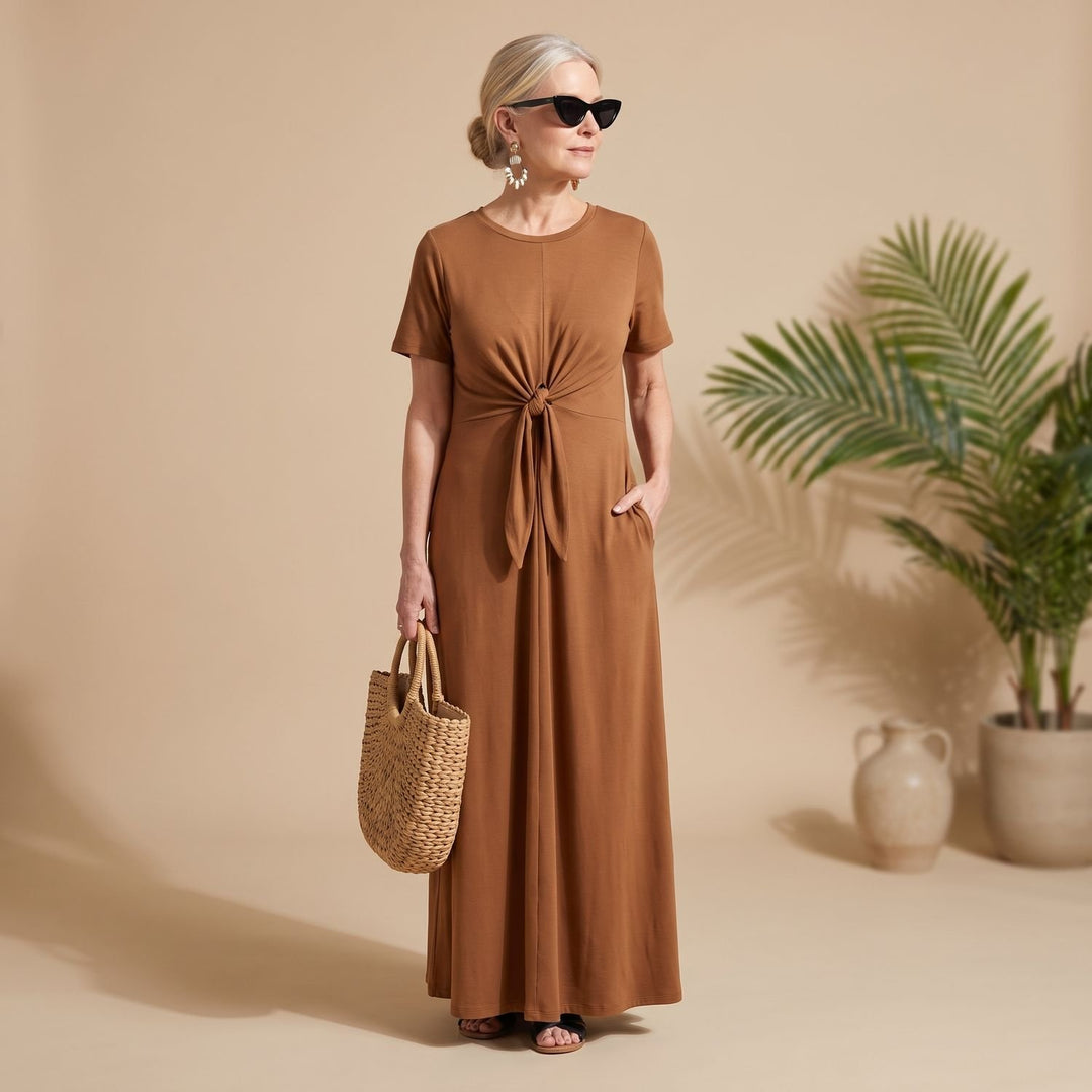 Damen Elegantes Maxi-Sommerkleid mit Knotendetail und Seitentaschen - Braun