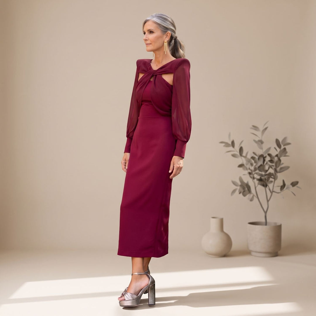 Damen Elegantes Midi-Cocktailkleid mit Langarm und Ausschnitt-Detail