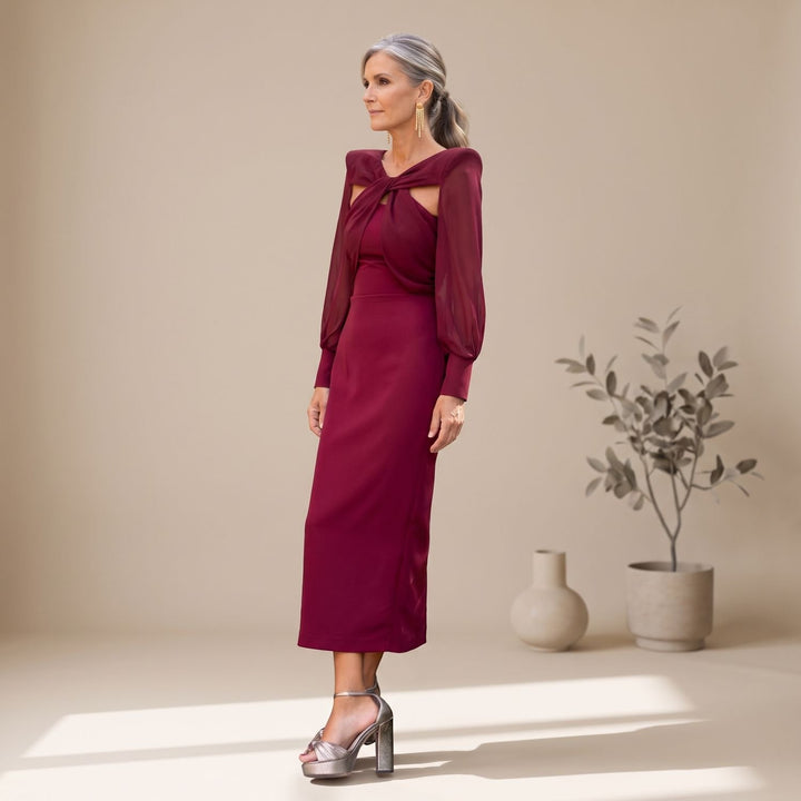 Damen Elegantes Midi-Cocktailkleid mit Langarm und Ausschnitt-Detail
