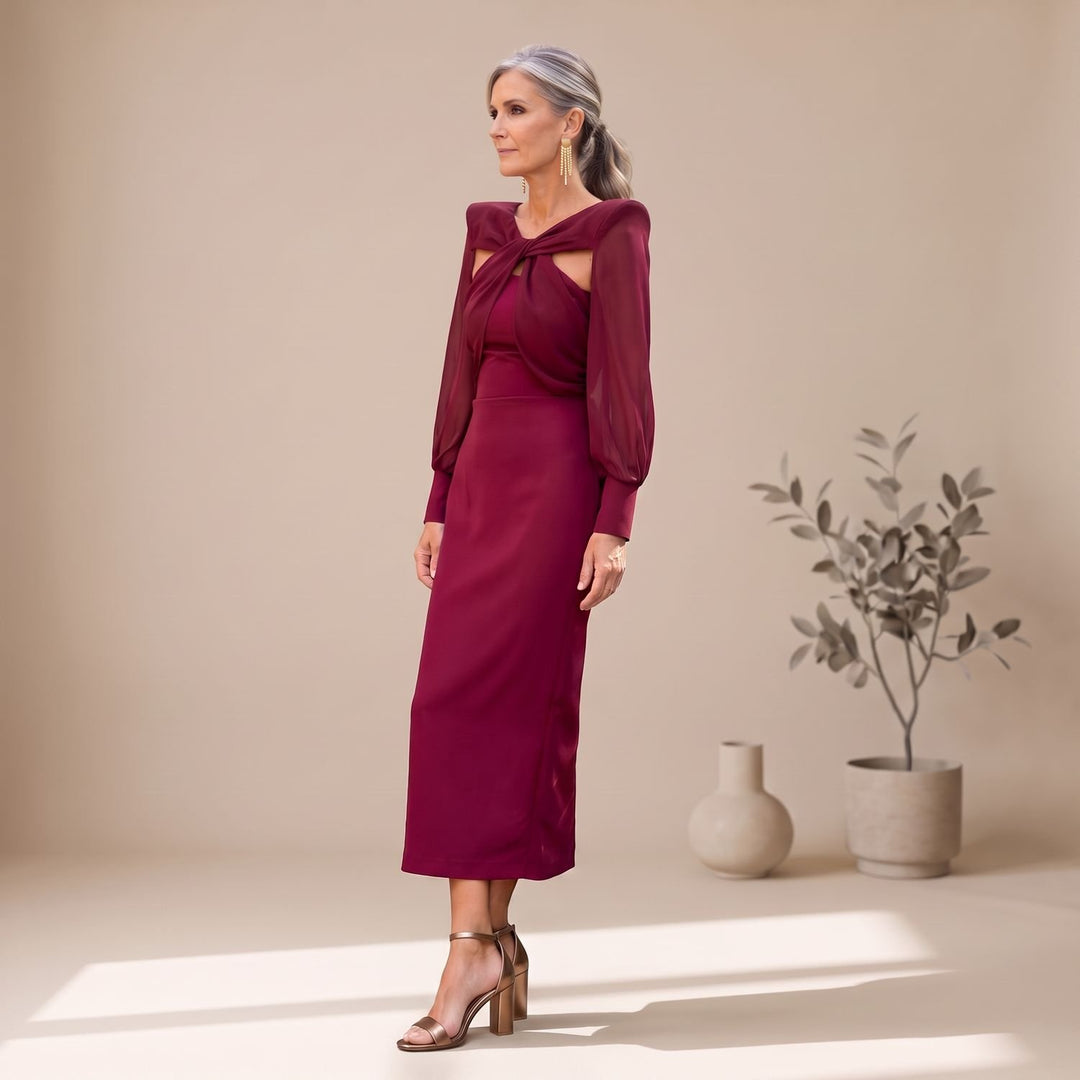 Damen Elegantes Midi-Cocktailkleid mit Langarm und Ausschnitt-Detail
