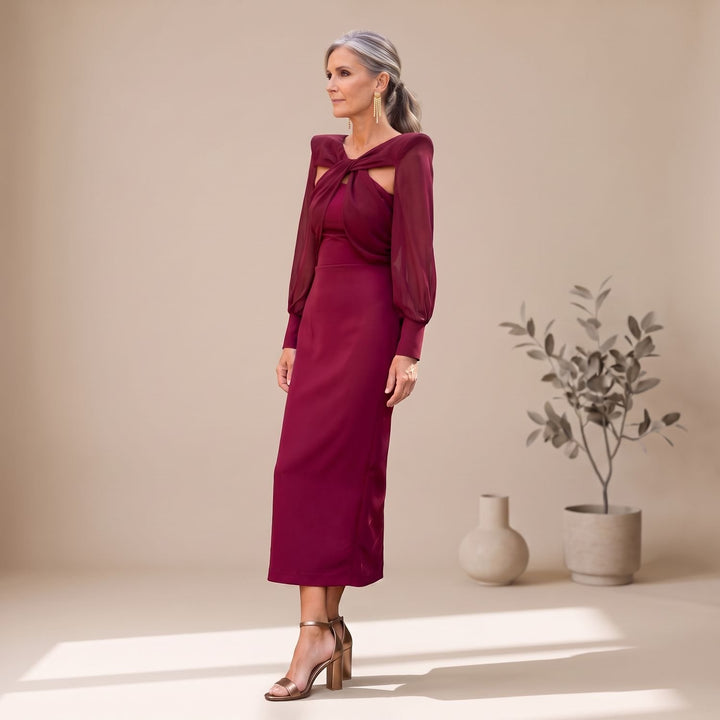 Damen Elegantes Midi-Cocktailkleid mit Langarm und Ausschnitt-Detail