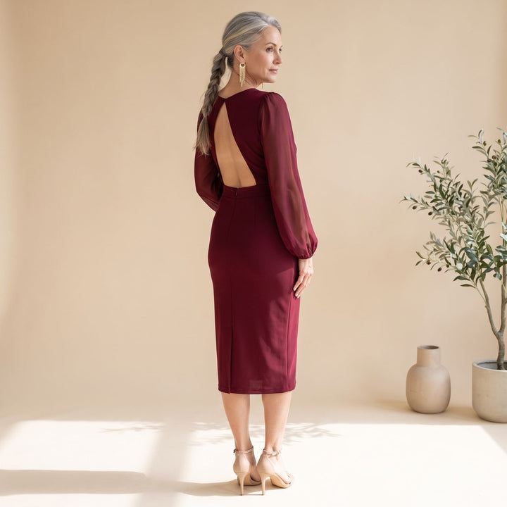 Damen Elegantes Midi-Cocktailkleid mit Langarm und Ausschnitt-Detail