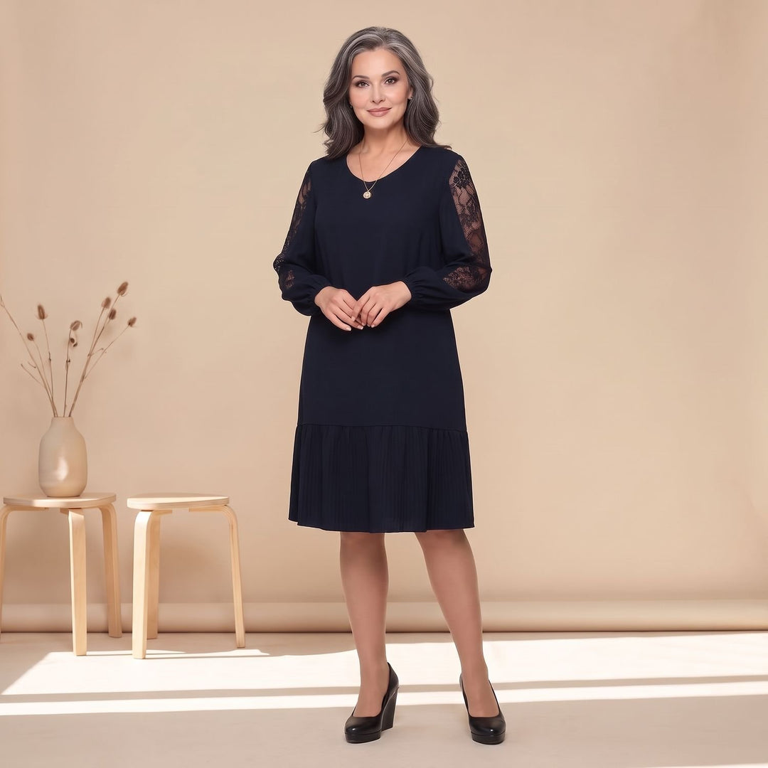 Damen Elegantes Midi-Cocktailkleid mit Spitzenärmeln A-Linie - Marineblau