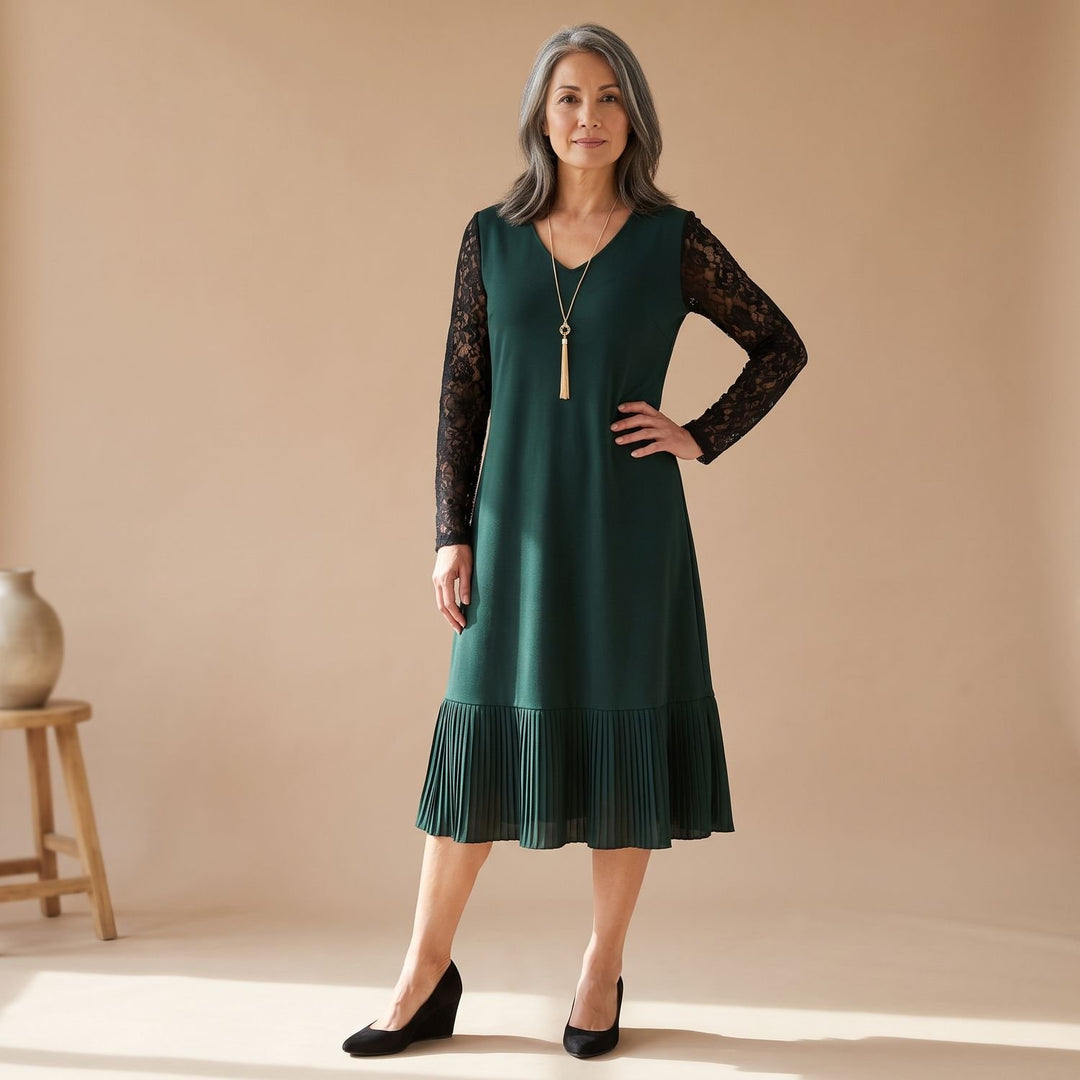 Damen Elegantes Midi-Cocktailkleid mit Spitzenärmeln A-Linie - Dunkelgrün