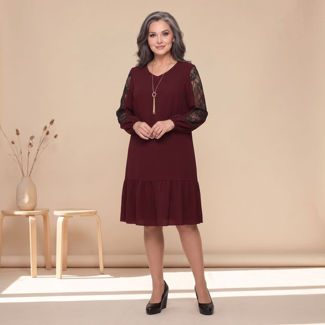 Damen Elegantes Midi-Cocktailkleid mit Spitzenärmeln A-Linie - Burgunderrot