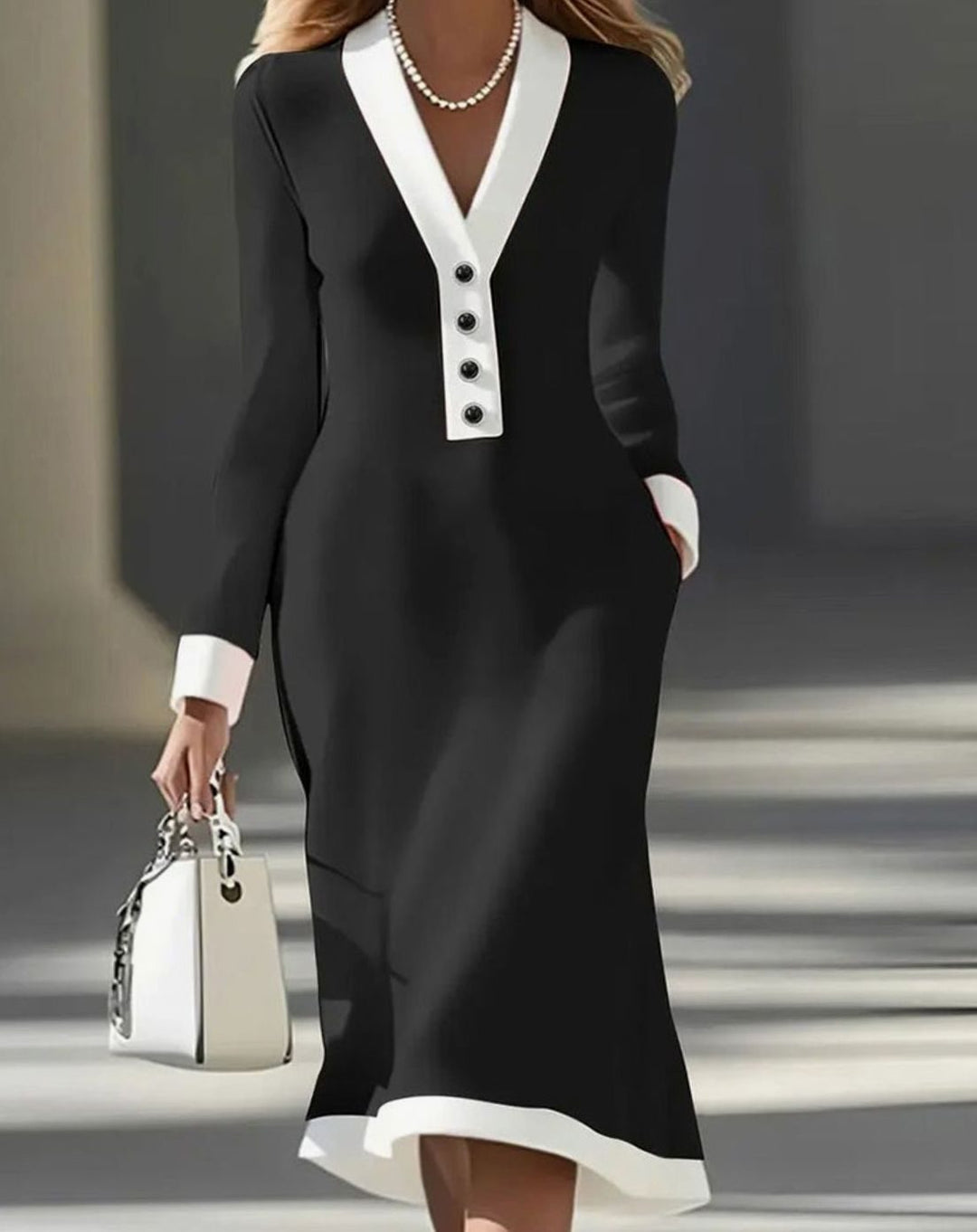 Damen Elegantes Midi-Kleid mit V-Ausschnitt Langarm Colorblock - Schwarz