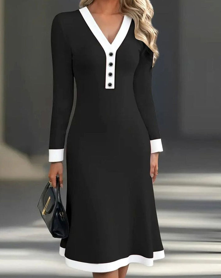 Damen Elegantes Midi-Kleid mit V-Ausschnitt Langarm Colorblock