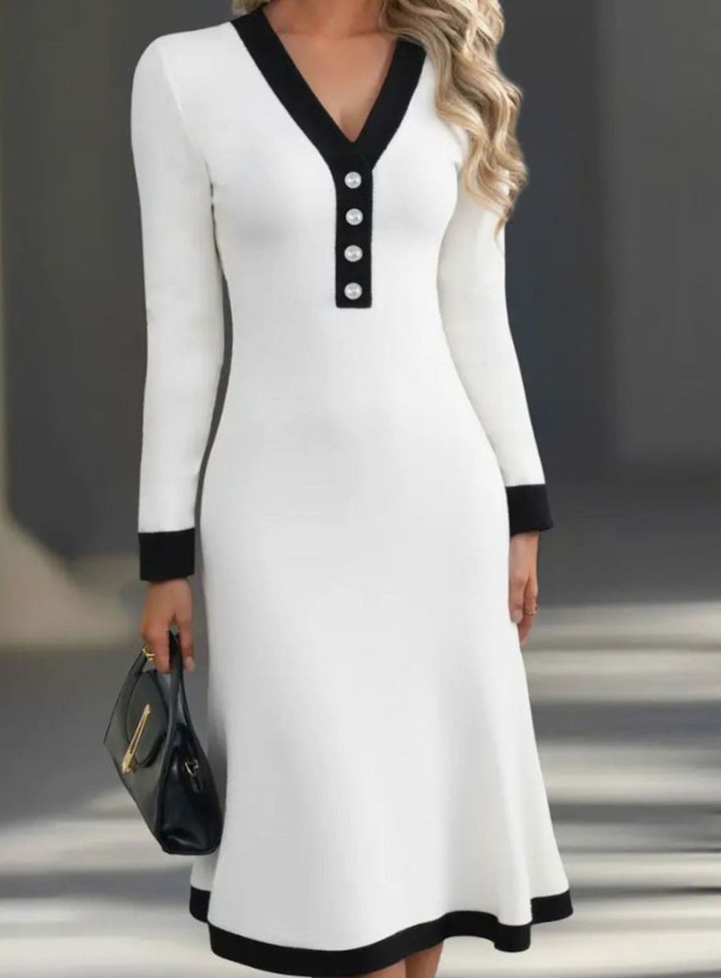 Damen Elegantes Midi-Kleid mit V-Ausschnitt Langarm Colorblock - Weiß