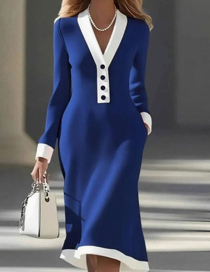 Damen Elegantes Midi-Kleid mit V-Ausschnitt Langarm Colorblock - Blau