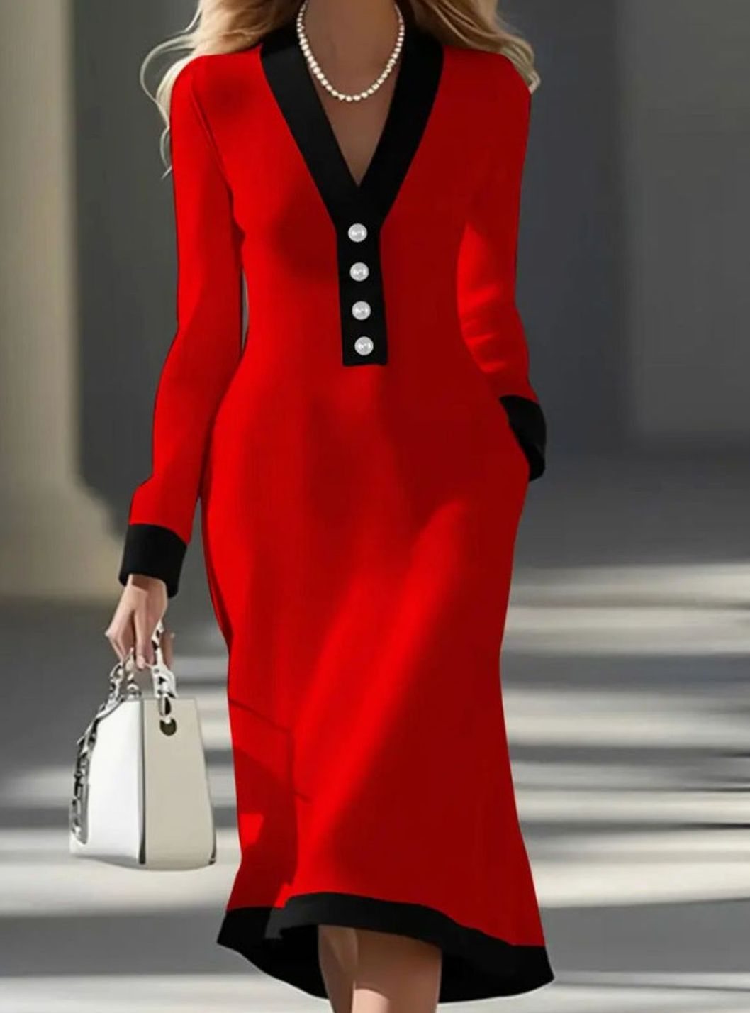 Damen Elegantes Midi-Kleid mit V-Ausschnitt Langarm Colorblock - Rot