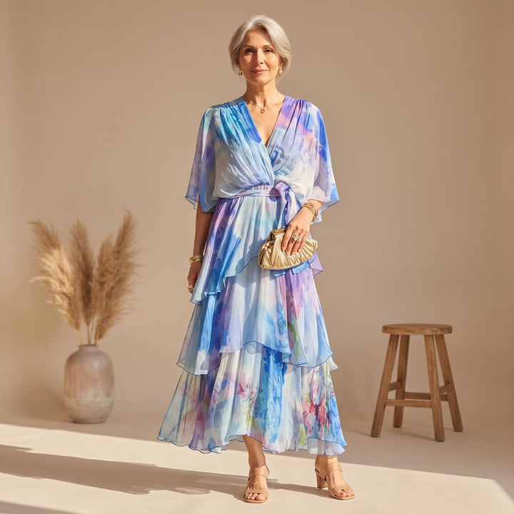 Damen Elegantes Midikleid mit Wasserfarben-Print Wickelstil Volants