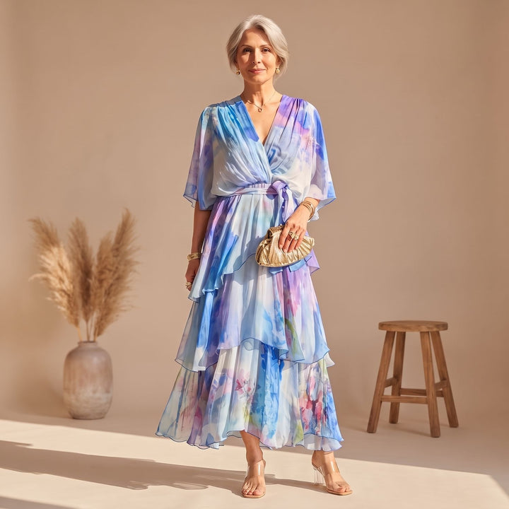 Damen Elegantes Midikleid mit Wasserfarben-Print Wickelstil Volants