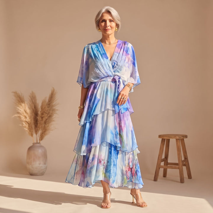 Damen Elegantes Midikleid mit Wasserfarben-Print Wickelstil Volants